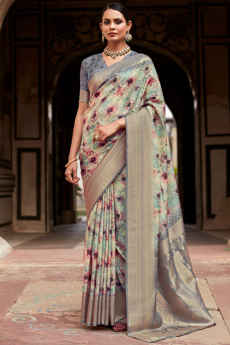 Foggy Grey Printed Crape Silk Saree