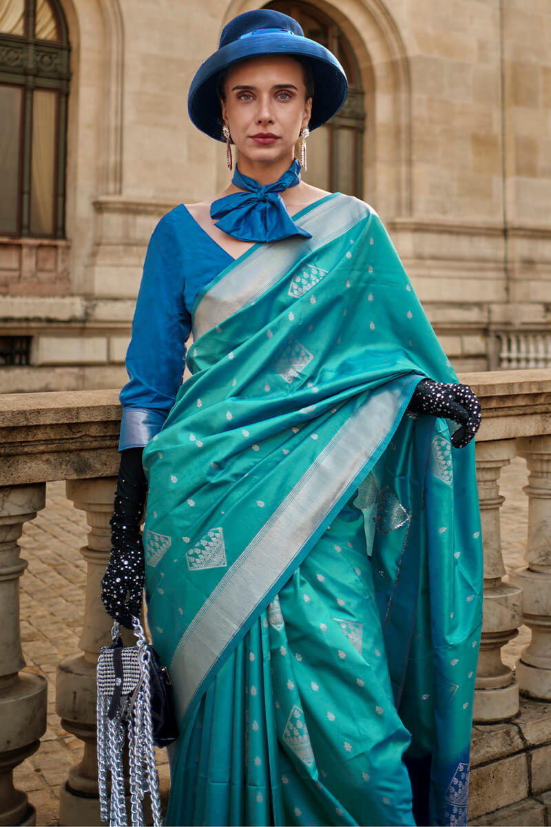 Fountain Blue Soft Banarasi Silk Saree