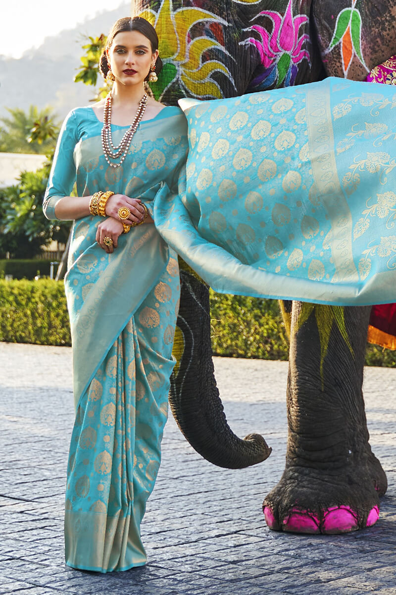 Fountain Blue Zari Woven Kanjivaram Silk Saree