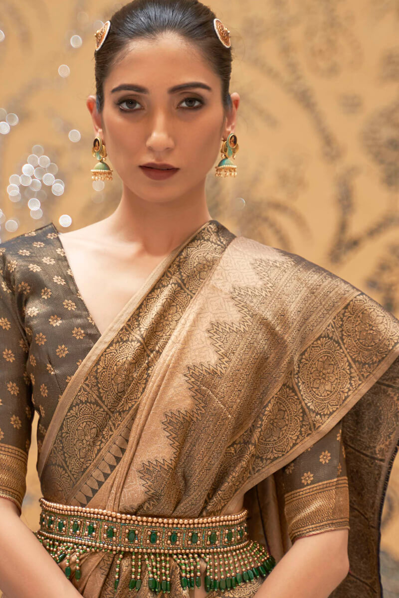 French Beige Kanjivaram Silk Saree