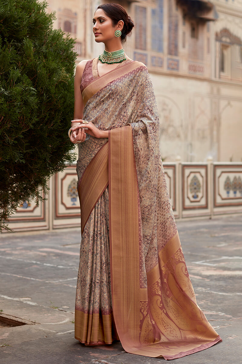 French Beige Printed Crape Silk Saree