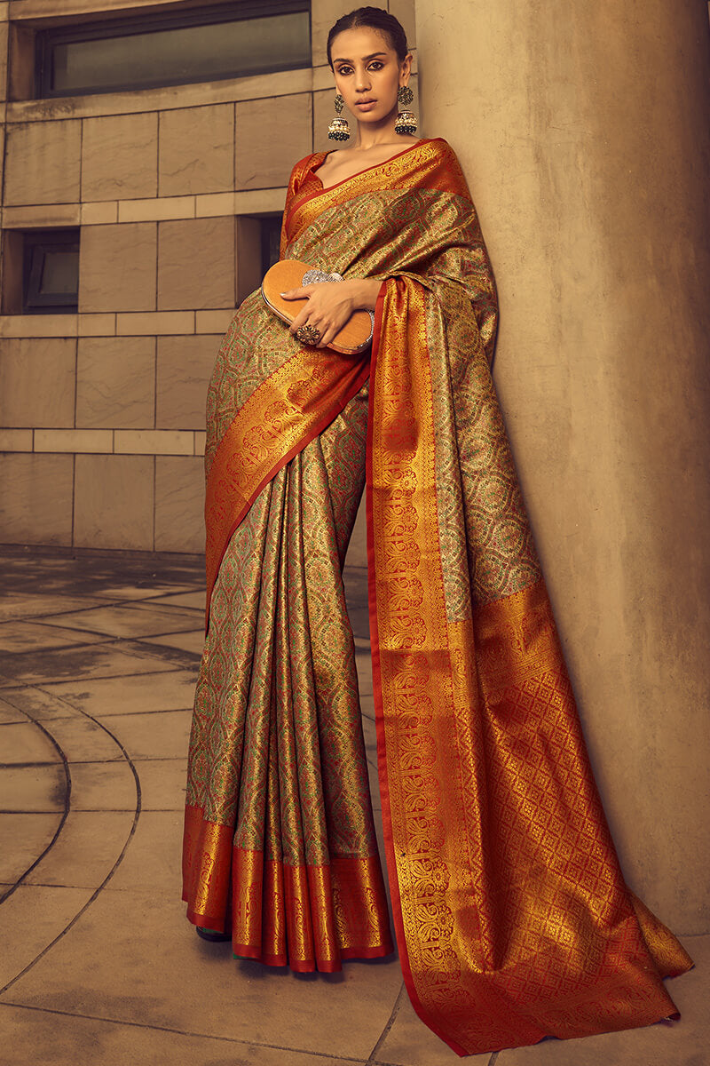 French Beige Woven Banarasi Brocade Silk Saree