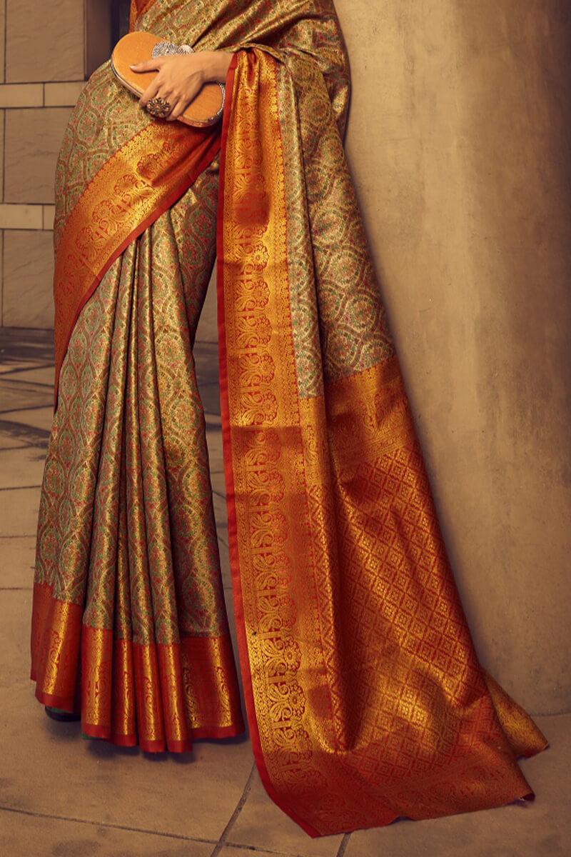 French Beige Woven Banarasi Brocade Silk Saree