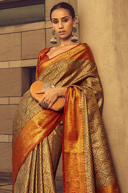 French Beige Woven Banarasi Brocade Silk Saree