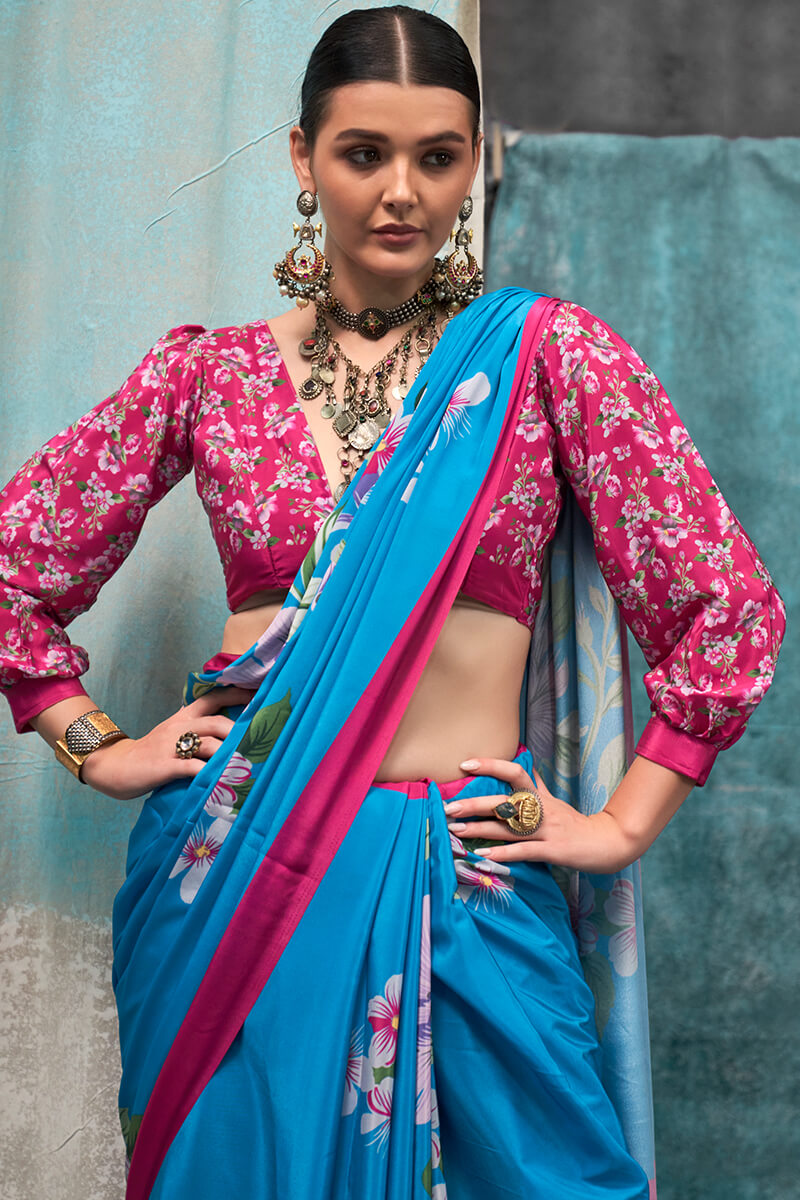 French Blue Printed Crape Silk Saree