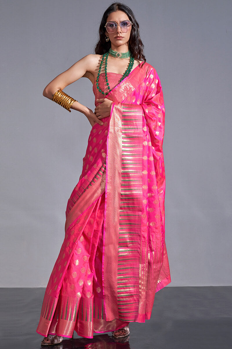 French Rose Pink Zari Woven Banarasi Silk Saree