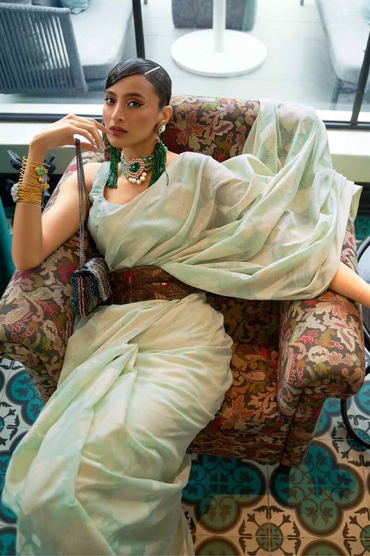 Frog Green Lucknowi Chickankari Silk Saree