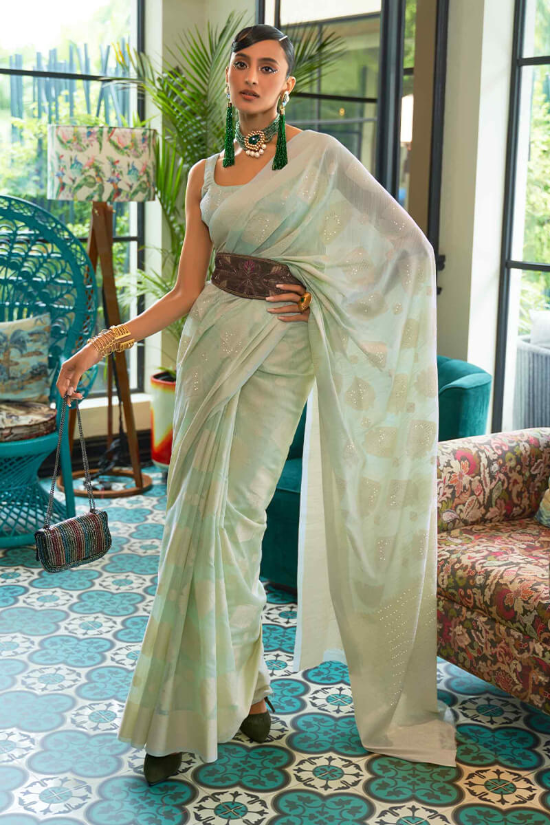 Frog Green Lucknowi Chickankari Silk Saree