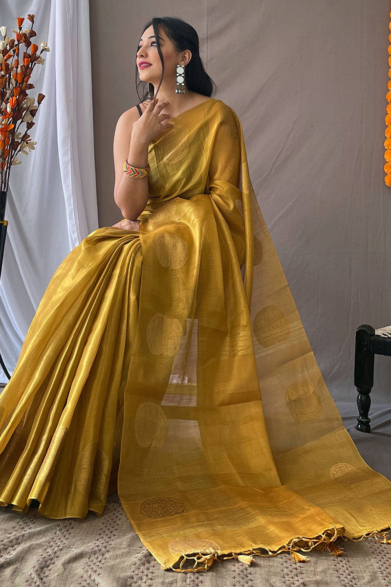 Fuel Yellow Woven Tissue silk Saree