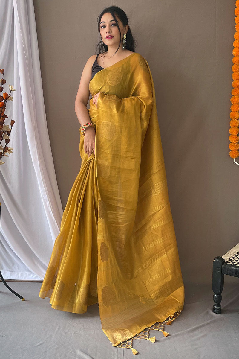 Fuel Yellow Woven Tissue silk Saree