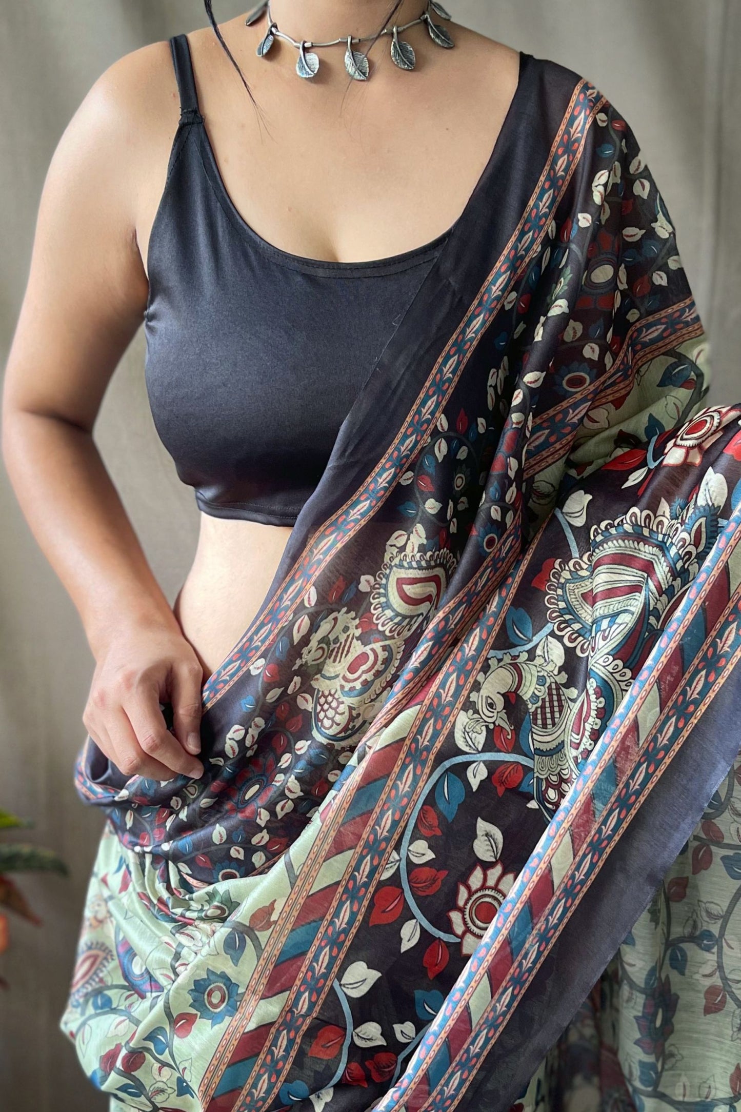 Pista Green Kalamkari Digital Printed Soft Cotton Saree