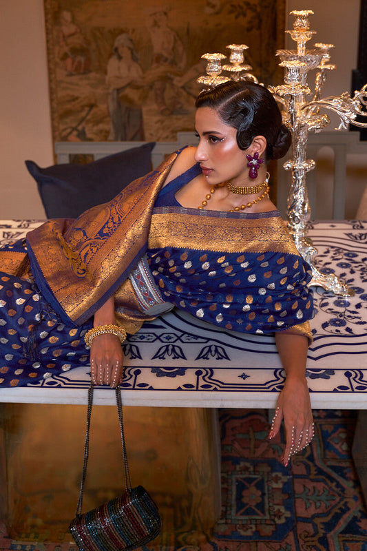 Gem Blue Copper Zari Woven Banarasi Silk Saree