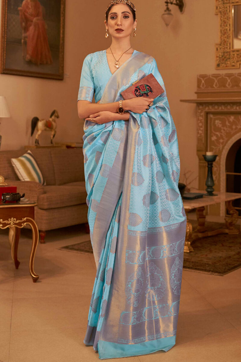 Glacier Blue Copper Zari Weaving Banarasi Silk Saree