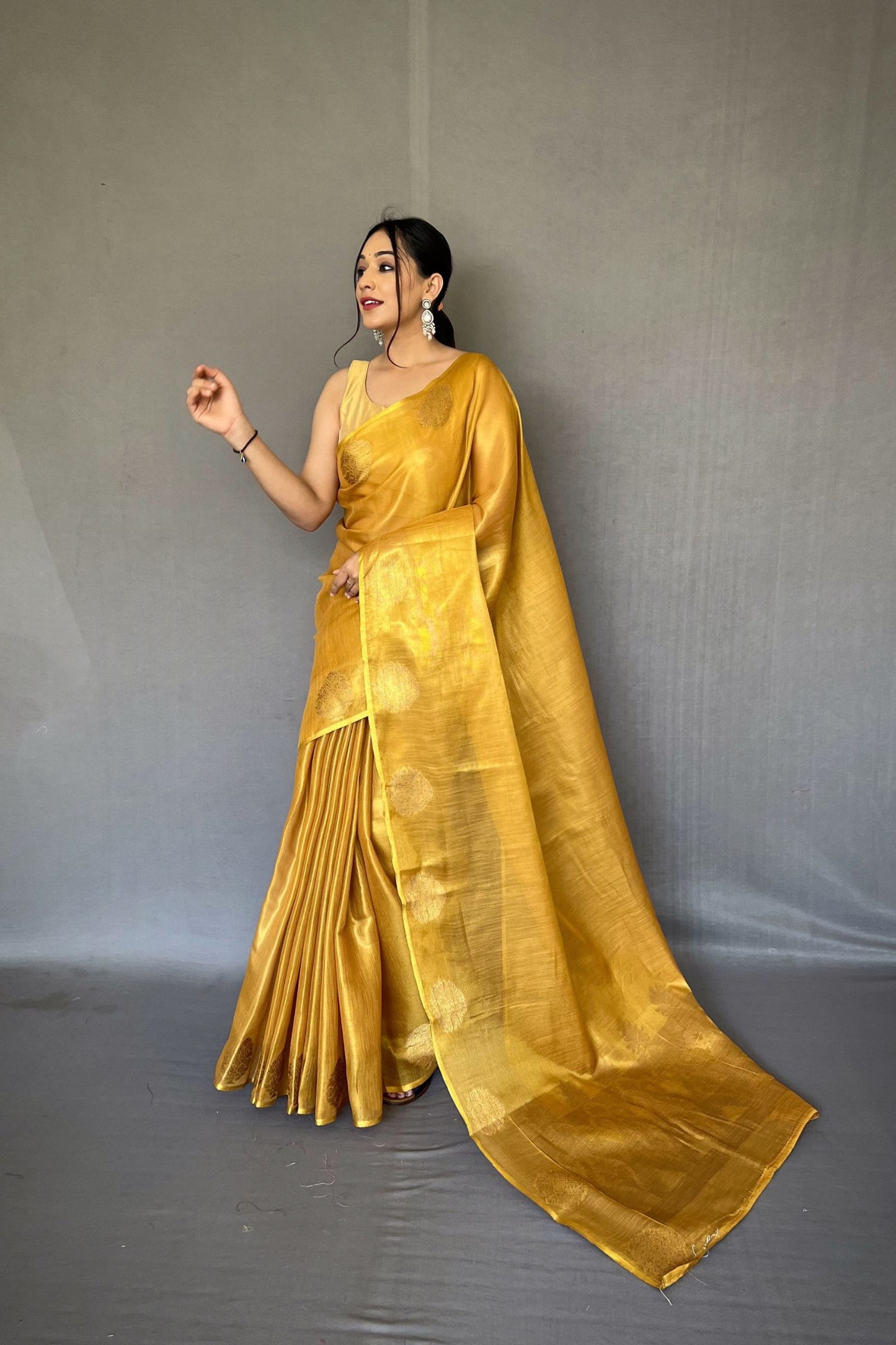 Golden Yellow Jacquard Woven Tissue Silk Saree