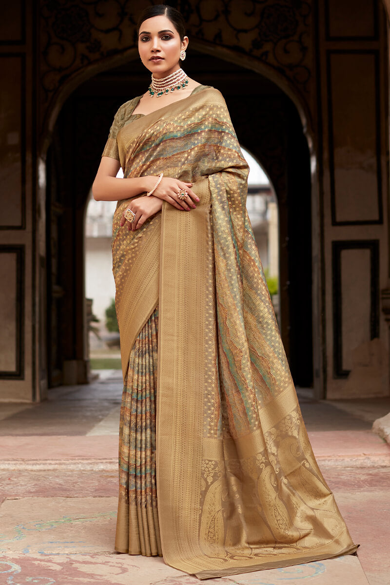 Granite Green Printed Crape Silk Saree