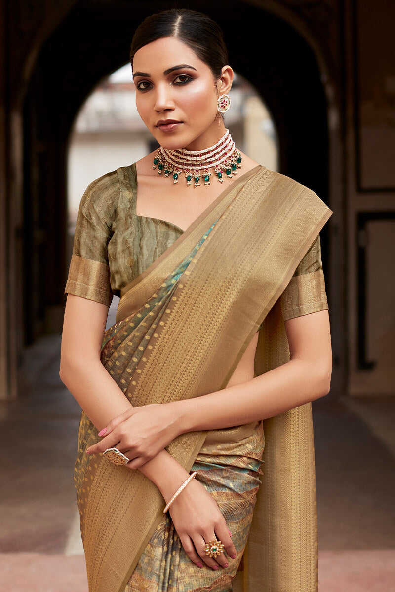 Granite Green Printed Crape Silk Saree