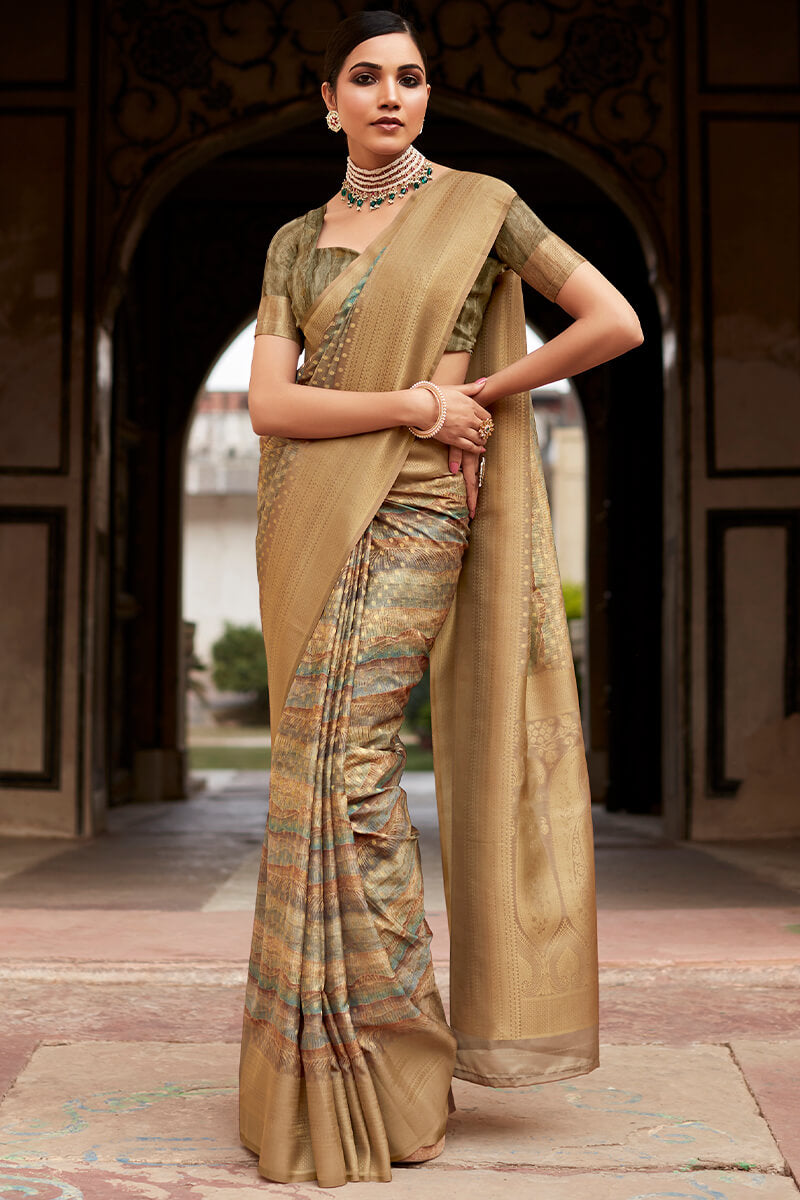 Granite Green Printed Crape Silk Saree