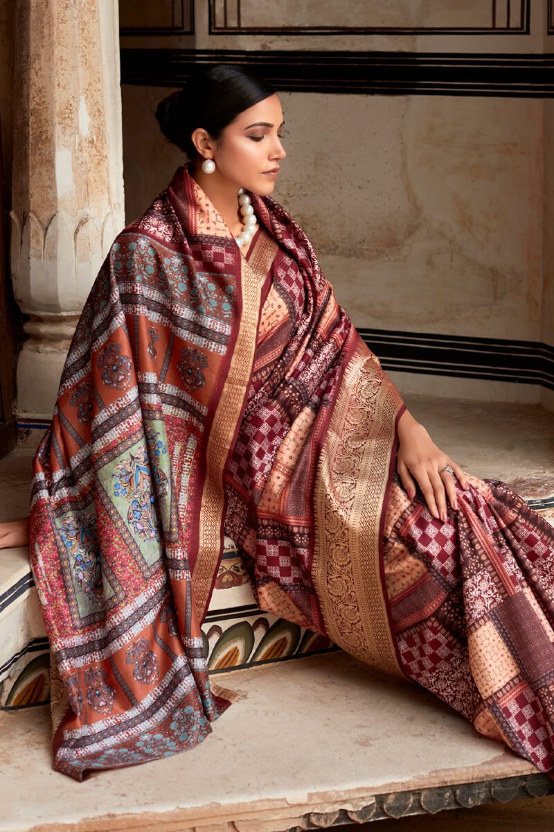 Grape Wine Printed Dola Silk Saree