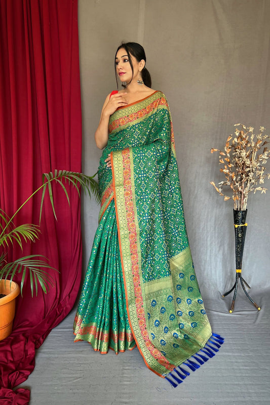 Green Patola Silk Saree with Flower Patola Fusion