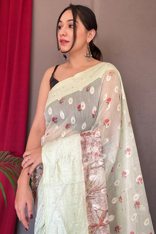 Greenish Beige Lucknowi Cotton Silk Saree