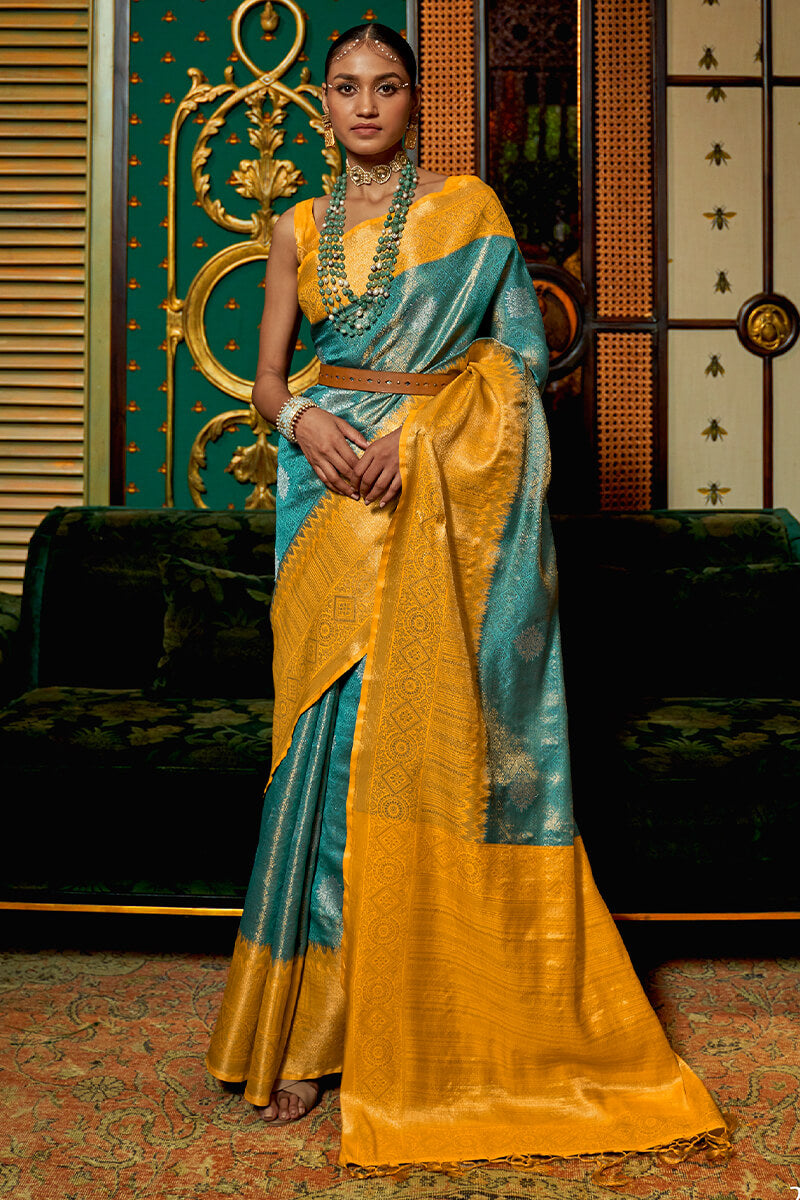 Greenish Blue And Yellow Kanjivaram Silk Saree