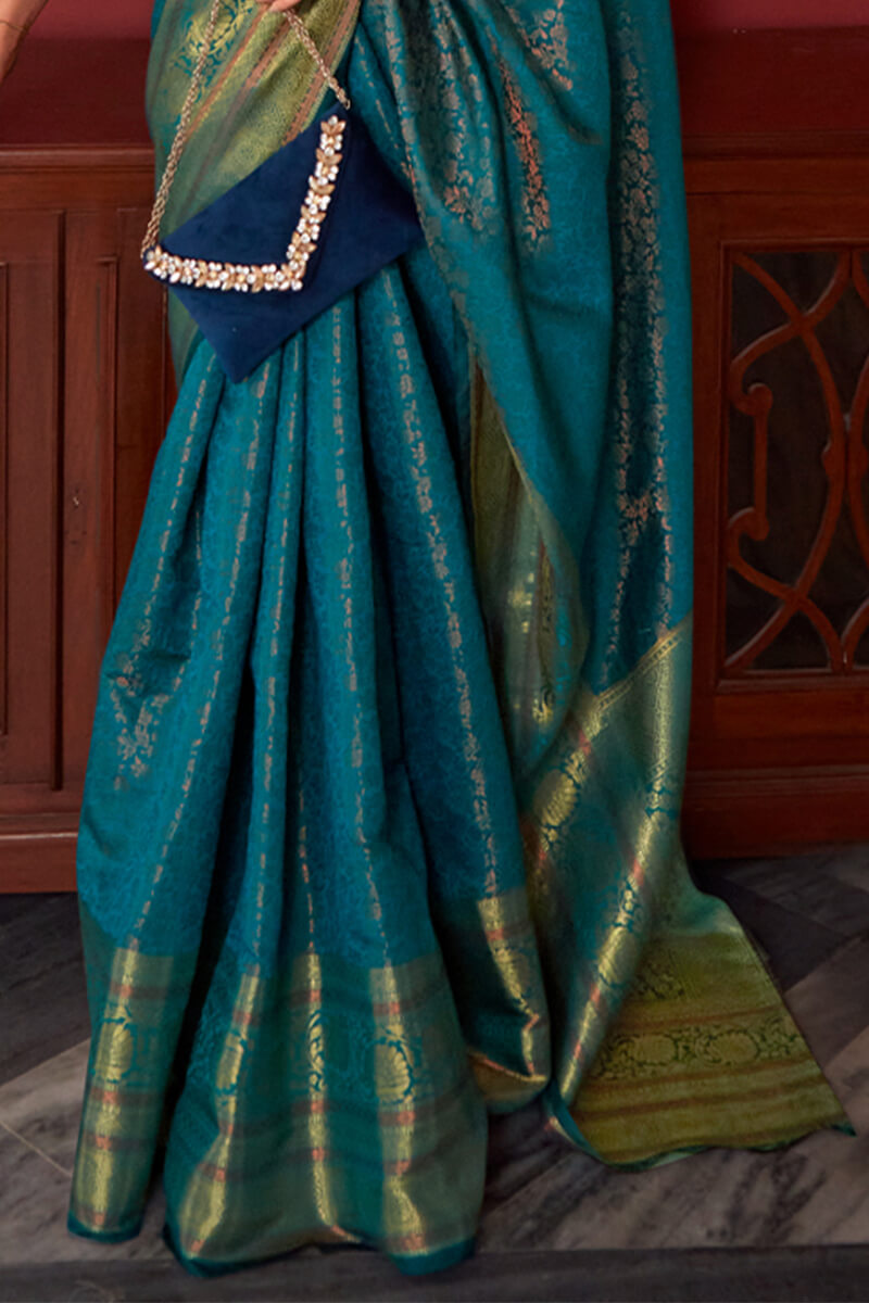 Greenish Blue Zari Woven Kanjivaram Silk Saree