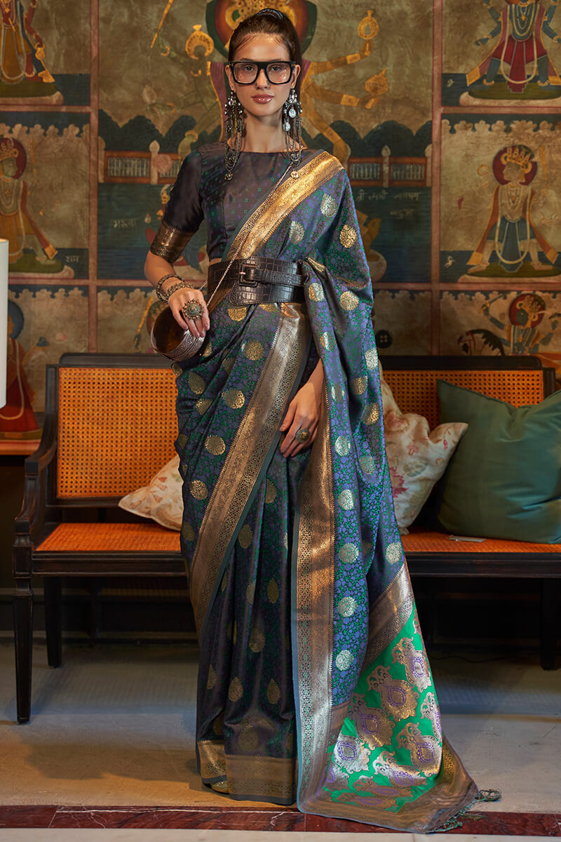 Greenish Blue Zari Woven Satin Silk Saree