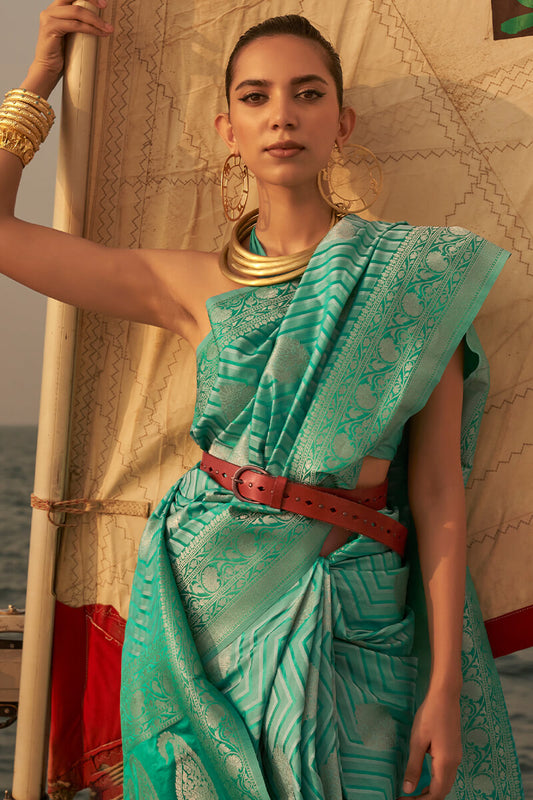 Greenish Turquoise Two Tone Banarasi Satin Silk Saree