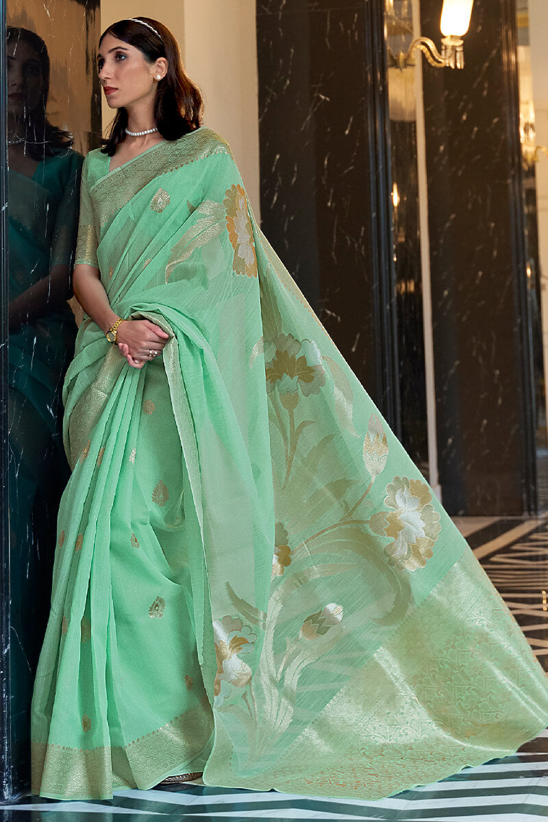 Greenish Turquoise Zari Woven Linen Silk Saree