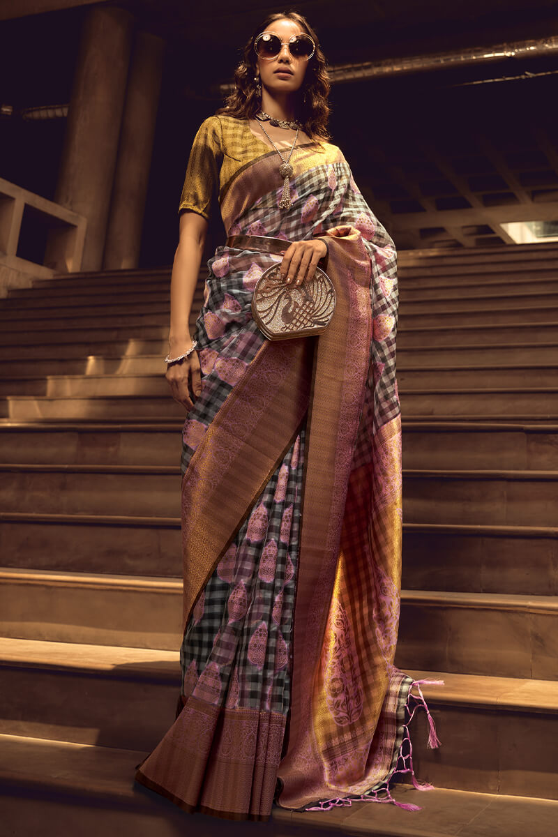 Grey and Lavender Banarasi Organza Silk Saree