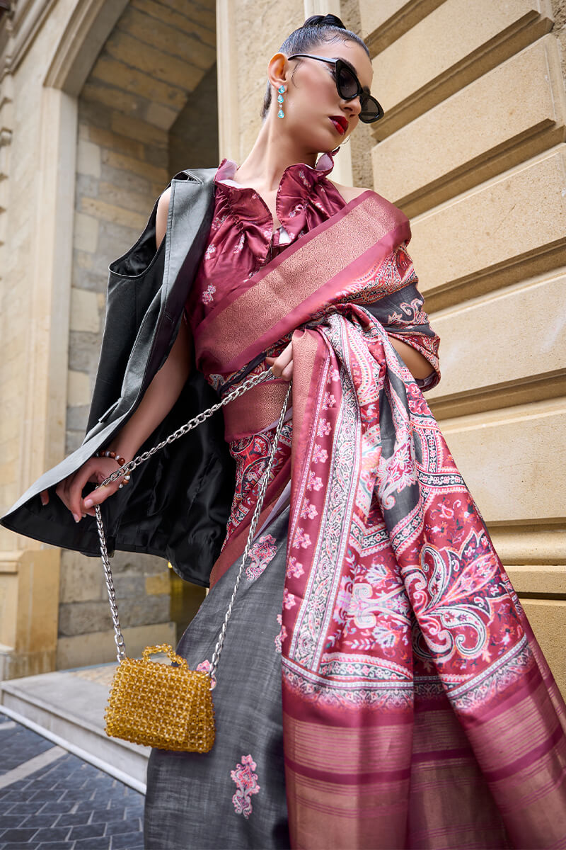 Grey and Maroon Printed Silk Saree