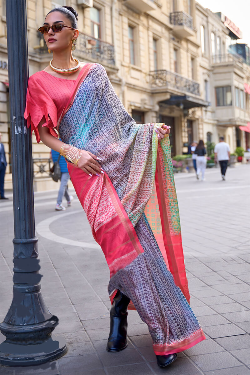 Grey and Pink Printed Handloom Weaving Silk Saree