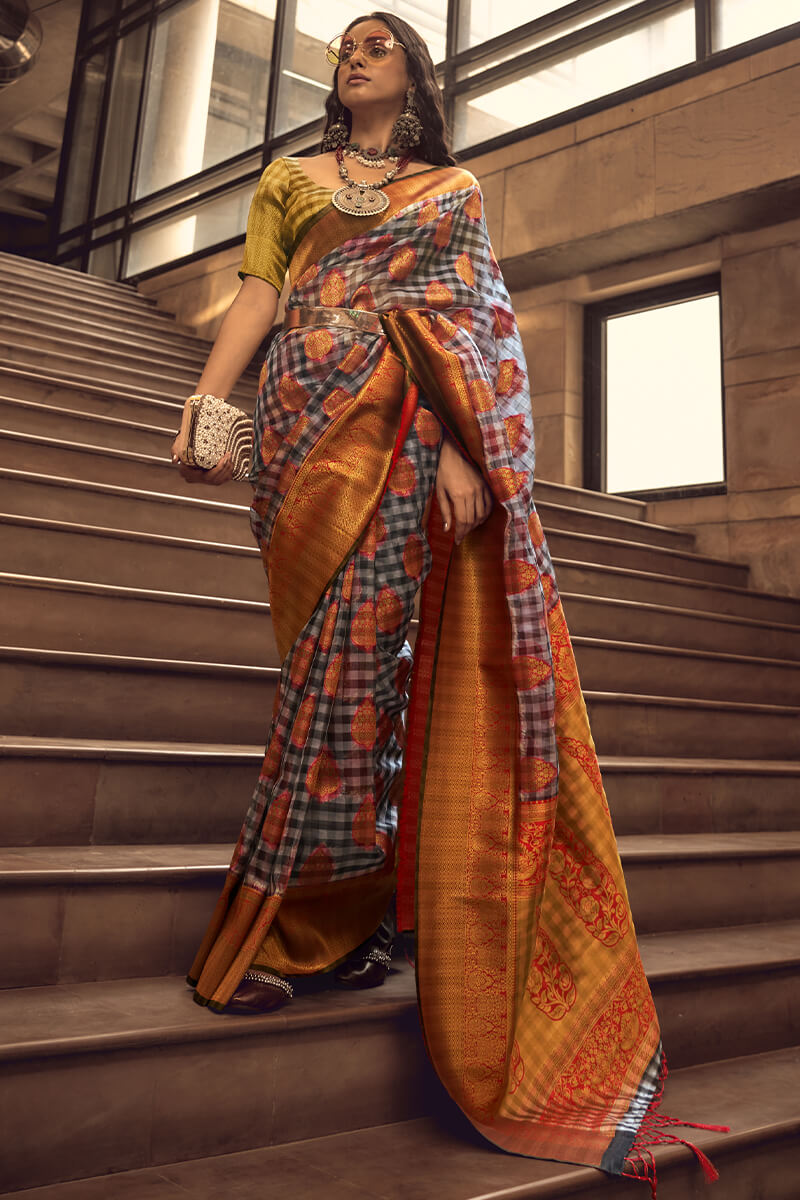 Grey and Red Banarasi Organza Silk Saree