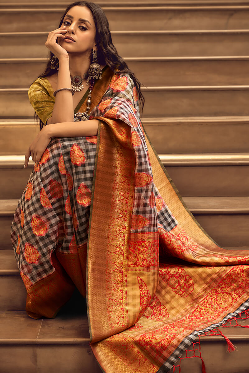 Grey and Red Banarasi Organza Silk Saree