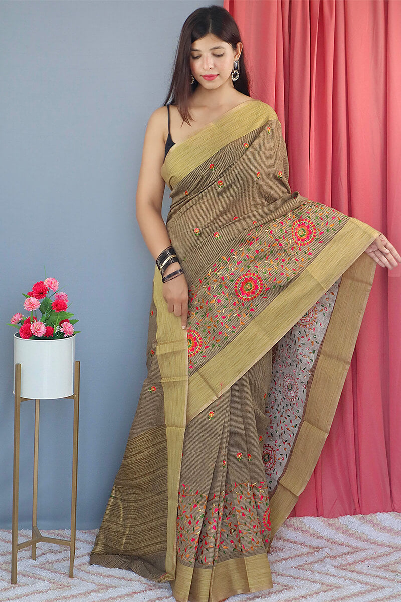 Grey Brown Embroidered Work Linen Saree