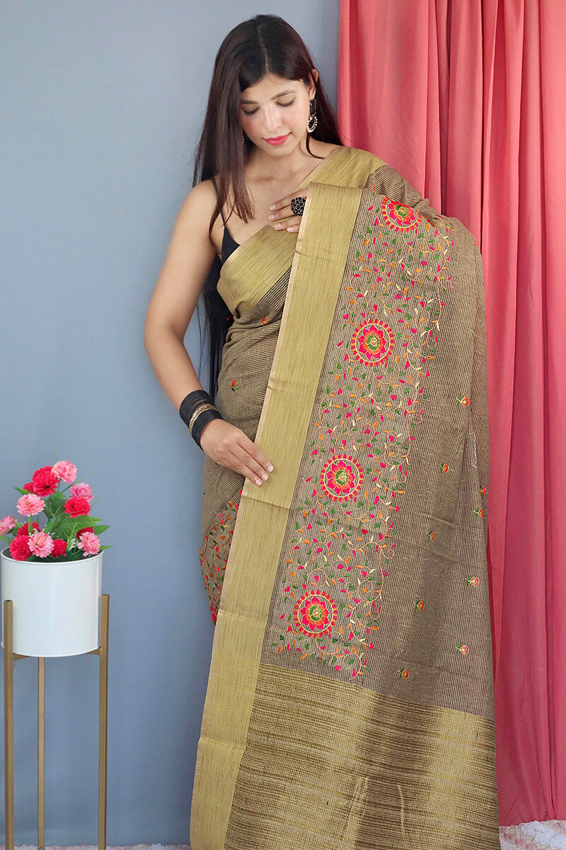 Grey Brown Embroidered Work Linen Saree