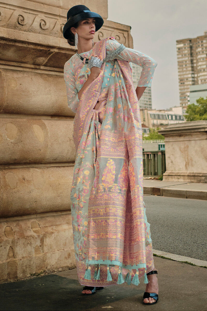 Greyish Blue Kashmiri Modal Organza Silk Saree