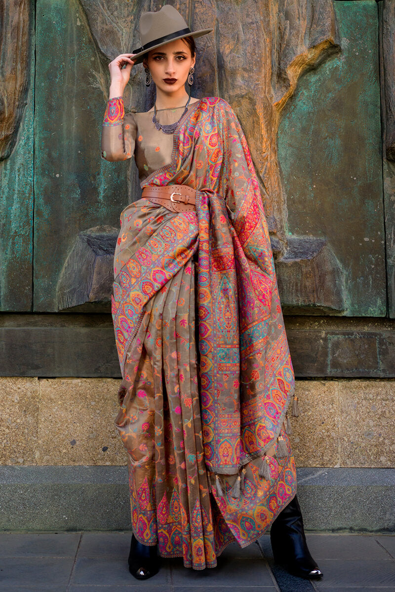 Greyish Brown Kashmiri Weaving Organza Silk Saree