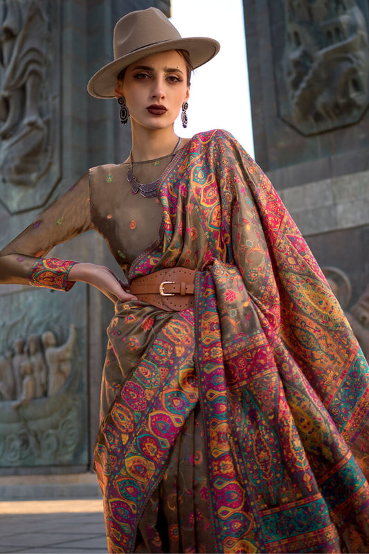 Greyish Brown Kashmiri Weaving Organza Silk Saree