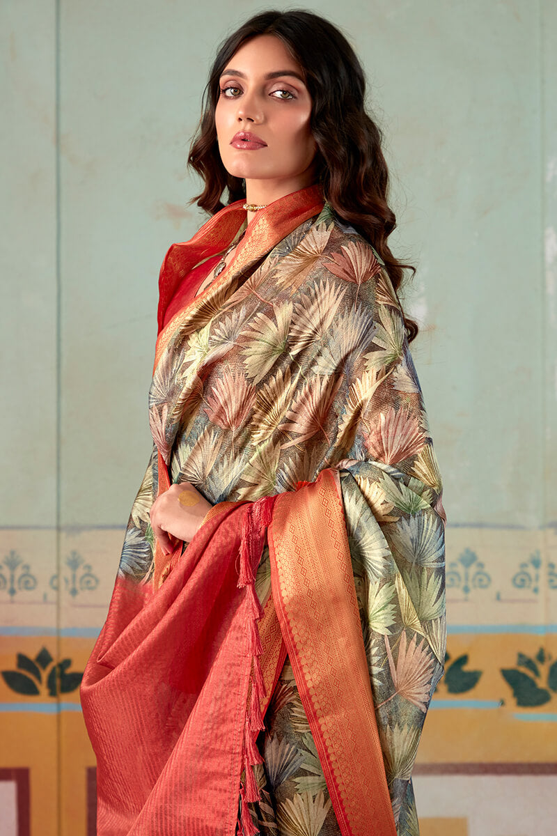 Greyish Brown Zari Woven Printed Tissue Silk Saree