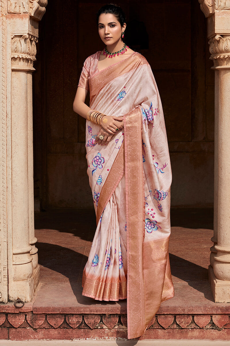 Greyish Pink Printed Silk Saree