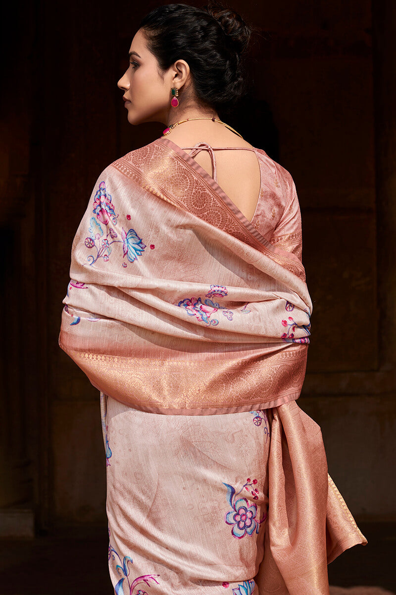 Greyish Pink Printed Silk Saree