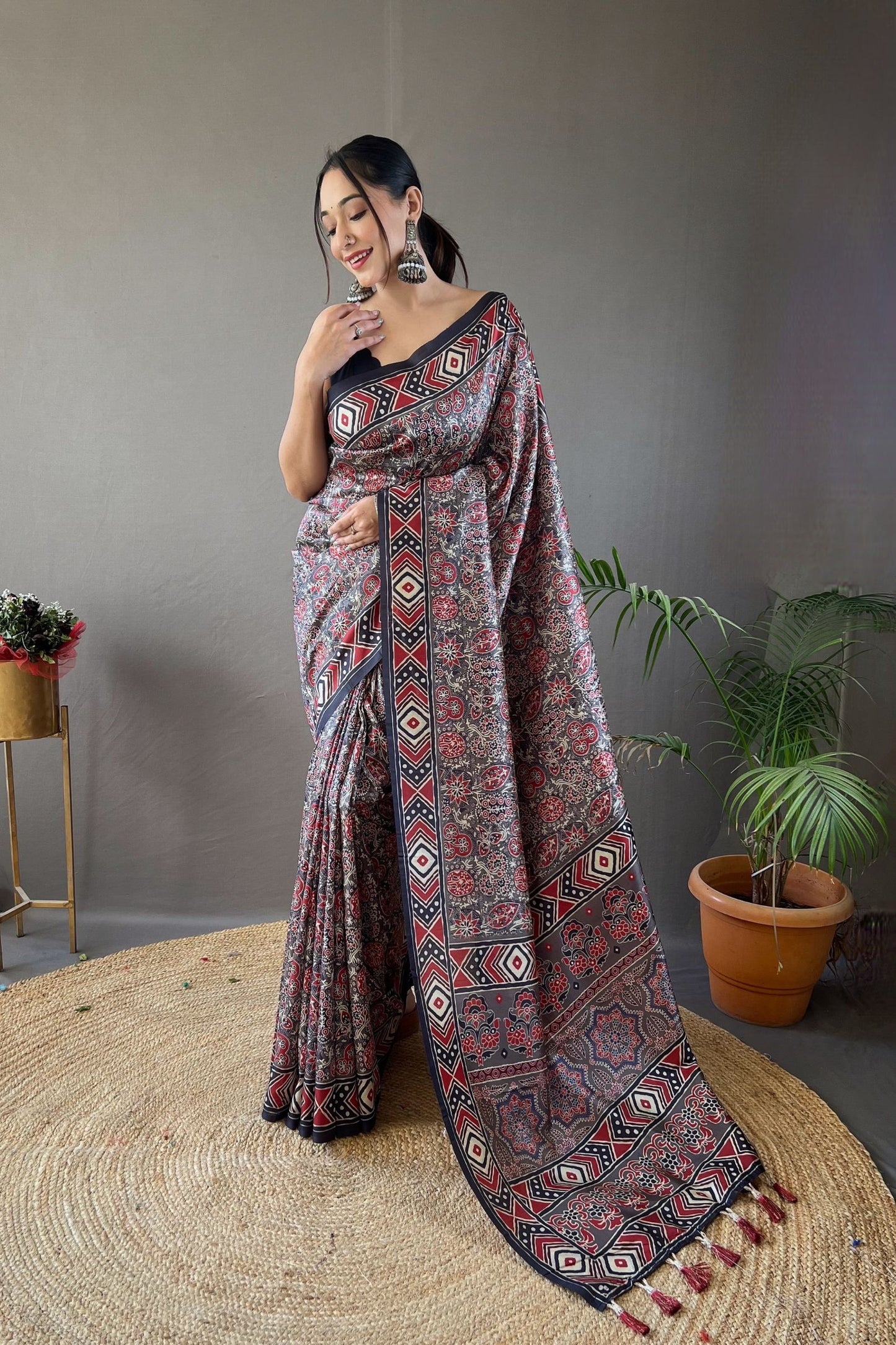 Grey Digital Printed Silk Saree