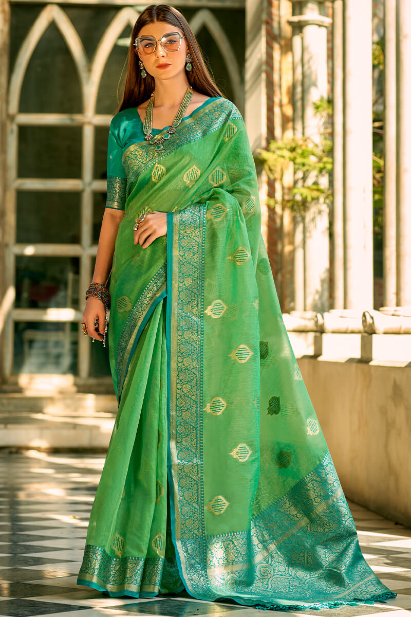 Hippie Green Zari woven Banarasi Tissue Silk Saree