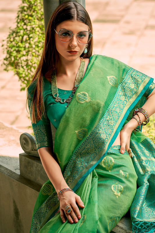 Hippie Green Zari woven Banarasi Tissue Silk Saree