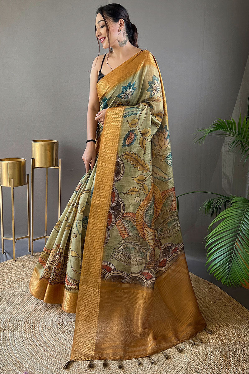 Iguana Green Kalamkari Printed Tussar silk Saree