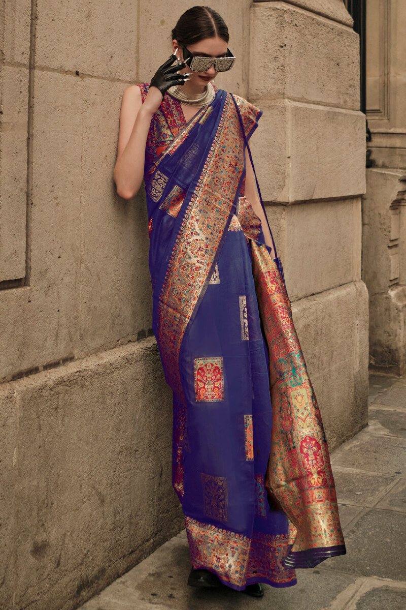 Indigo Blue Kashmiri Weaving Pashmina Silk Saree