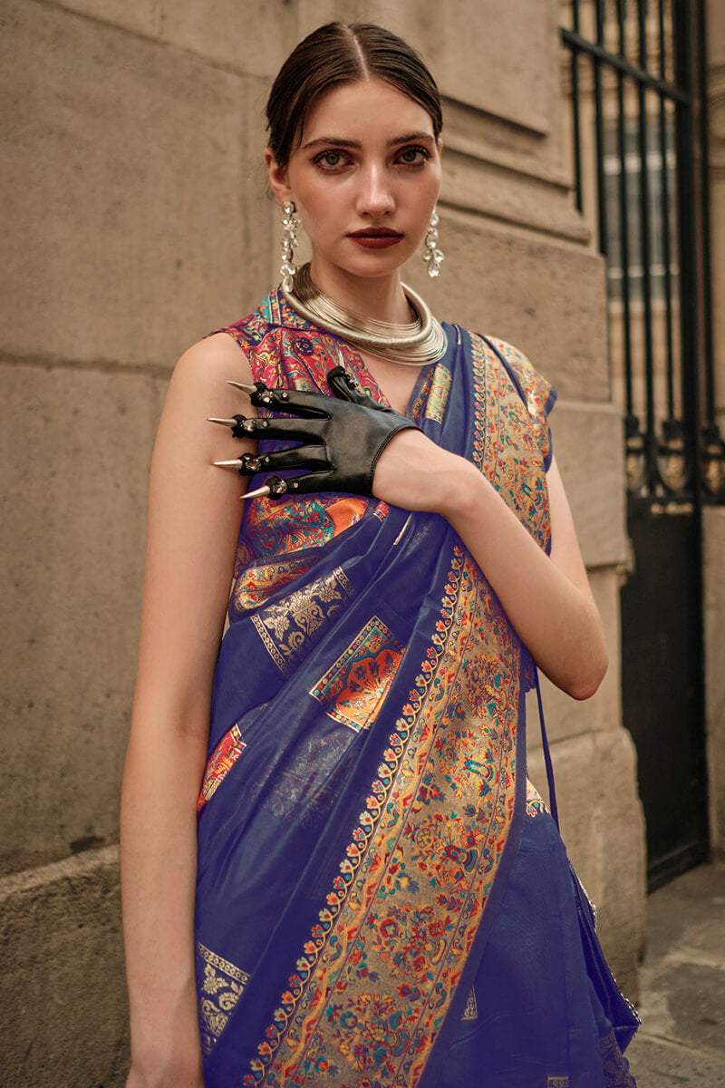 Indigo Blue Kashmiri Weaving Pashmina Silk Saree