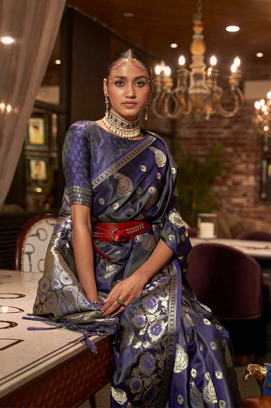 Indigo Blue Zari Woven Satin Silk Saree