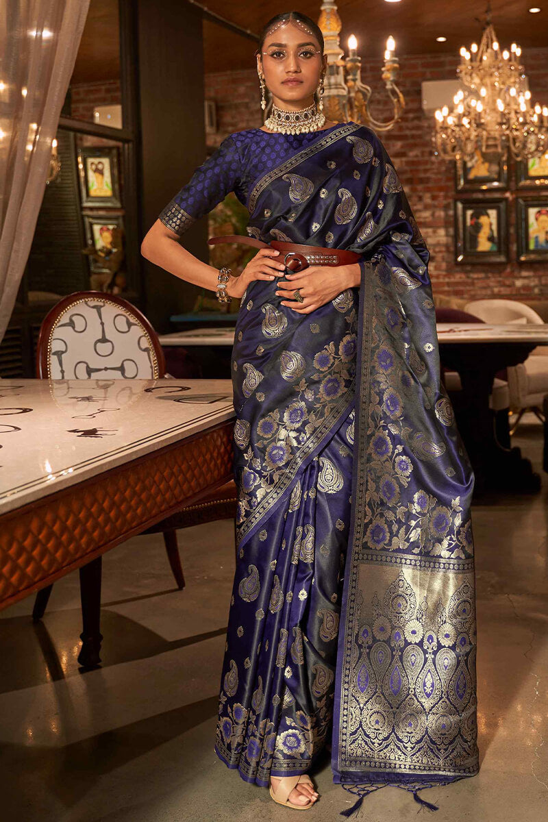 Indigo Blue Zari Woven Satin Silk Saree